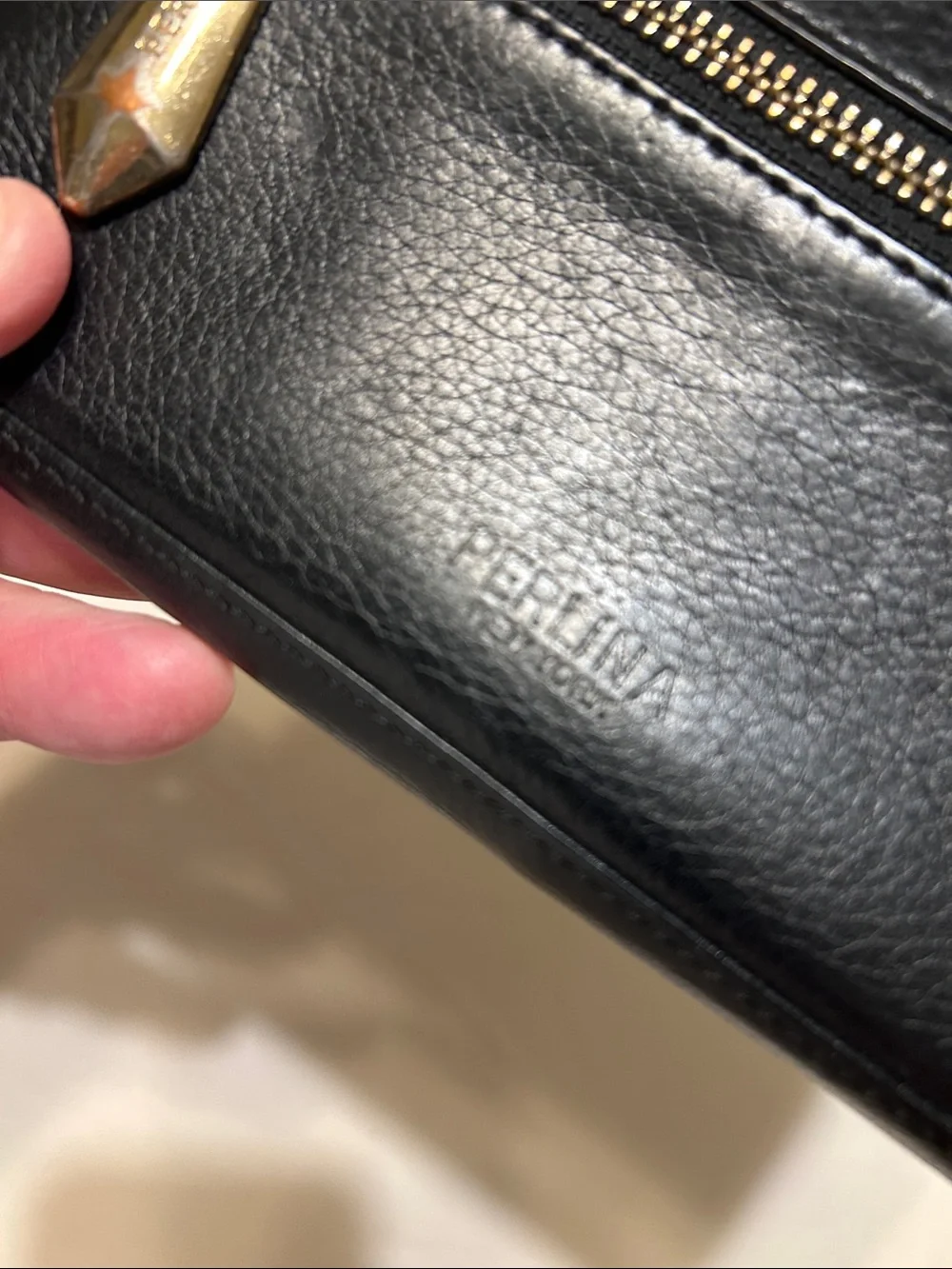 Perlina Black Leather Zip Wallet Wristlet with Gold Hardware